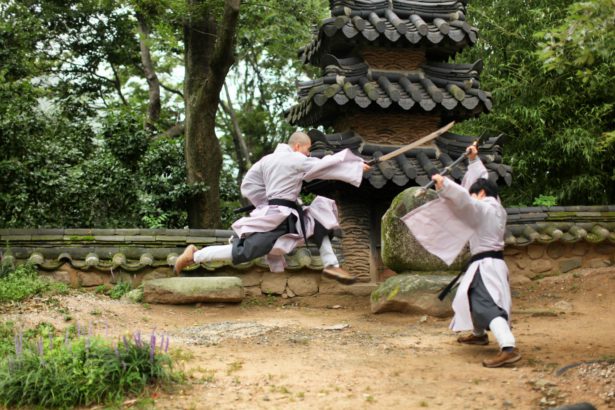 Two men in hanbok performing martial arts
